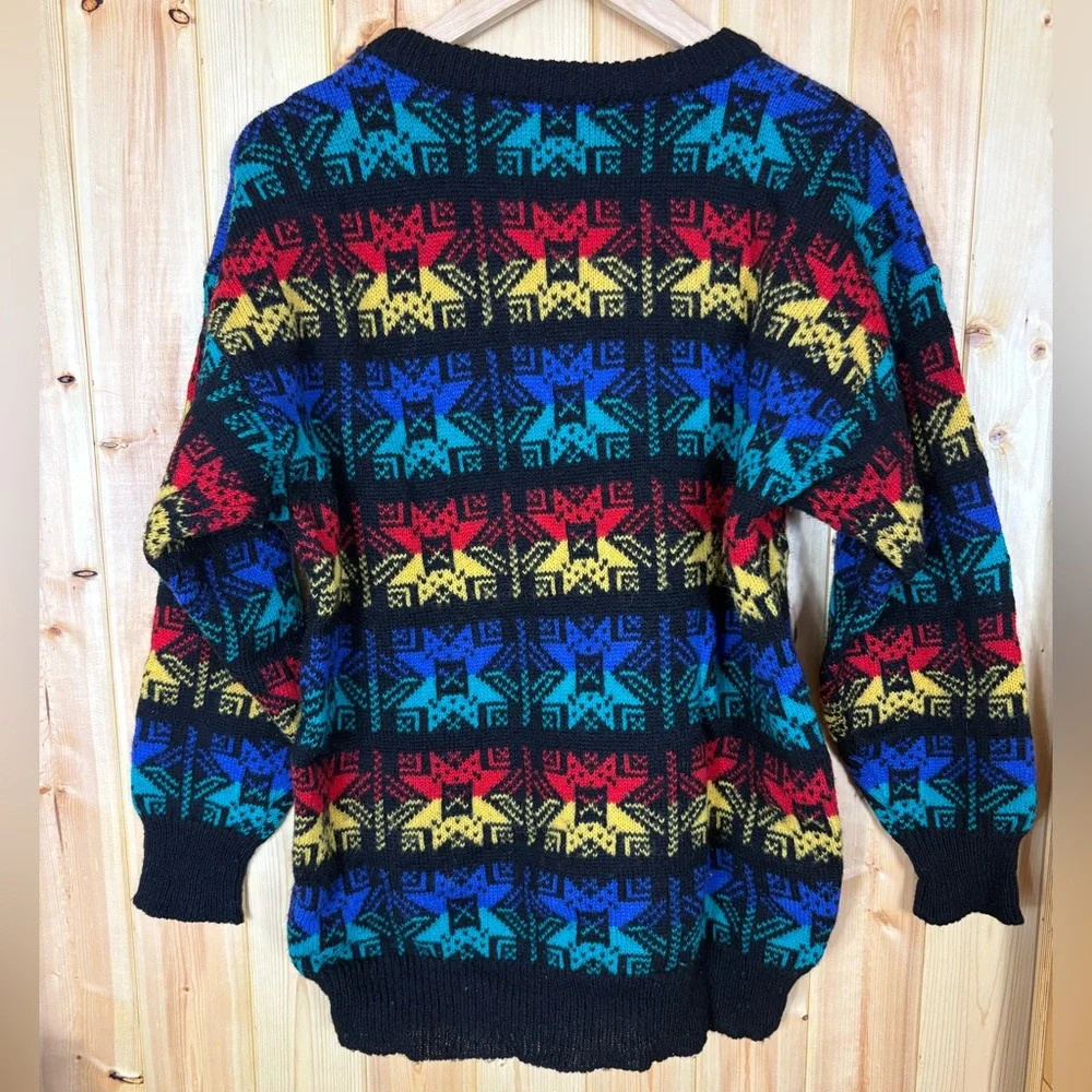 Vintage Cambridge Dry Goods Shetland Wool Black Rainbow Star Snowflake Sweater M - Picture 2 of 16